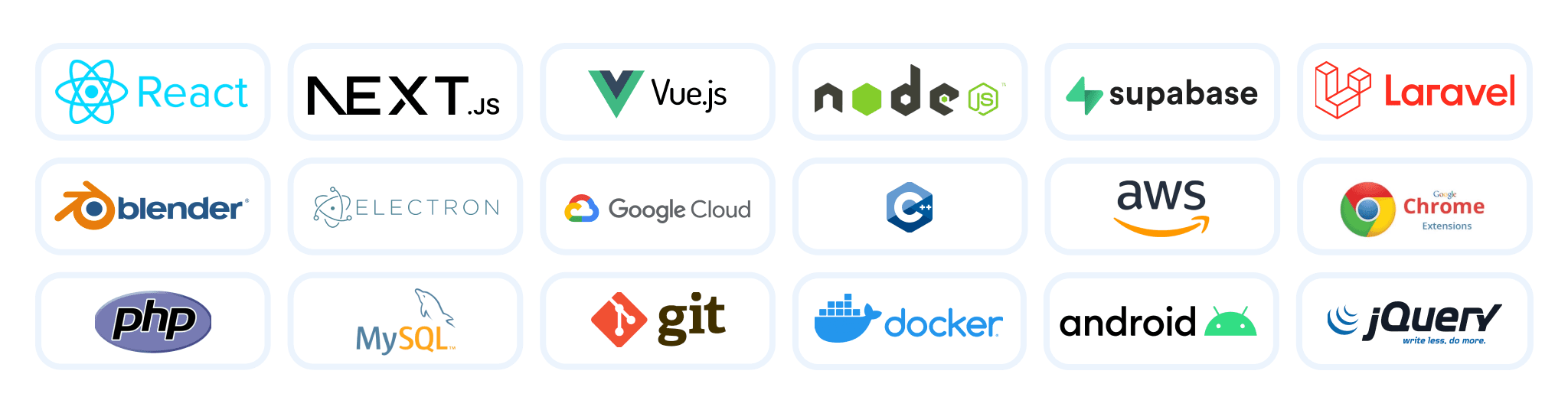 Technical Experience - reactjs, next, vue, node, jquery, supabase, php, mysql, laravel, blender, electron, google cloud, c++, aws, chrome extensions, docker, android, git.